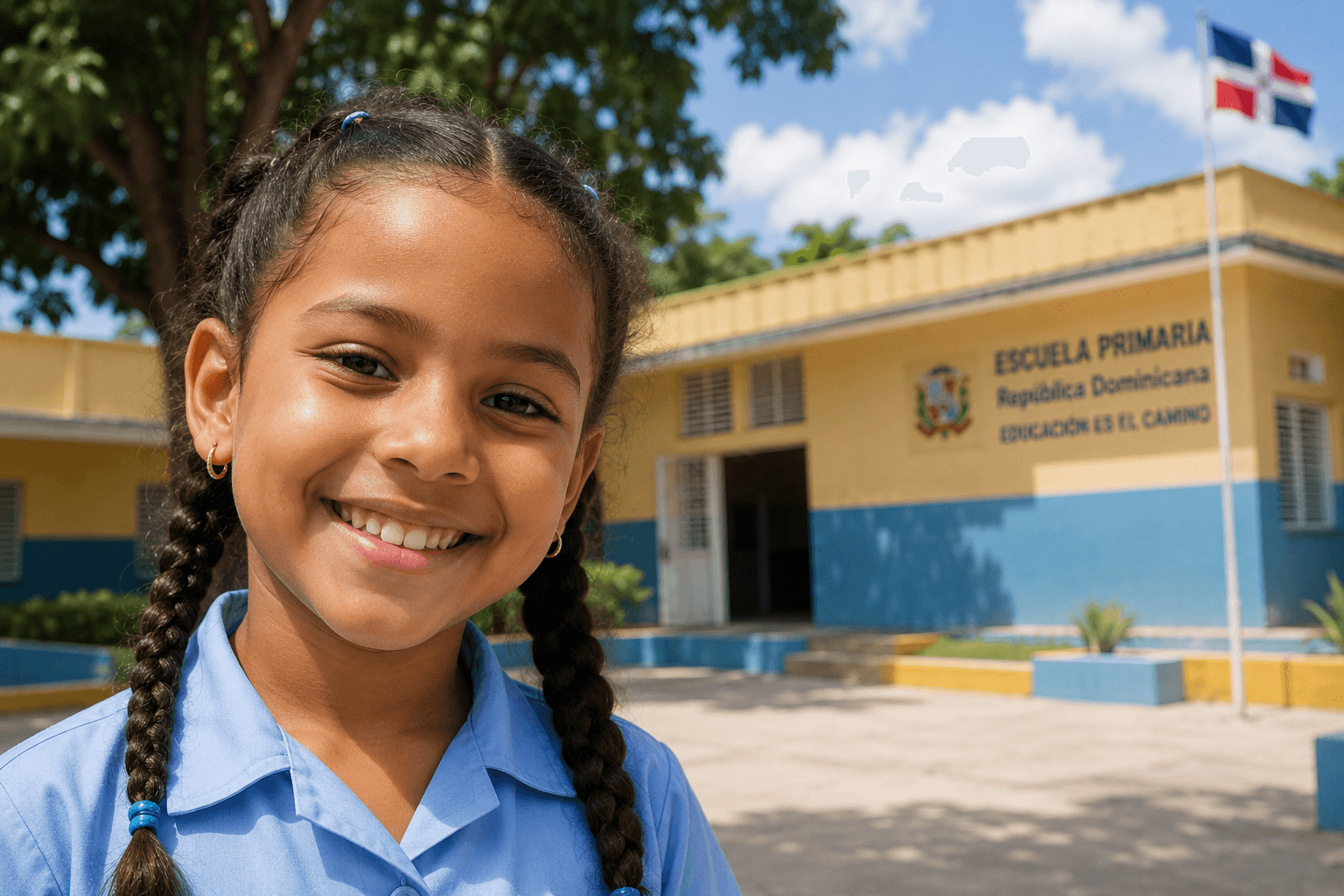 Niña dominicana frente a su escuela